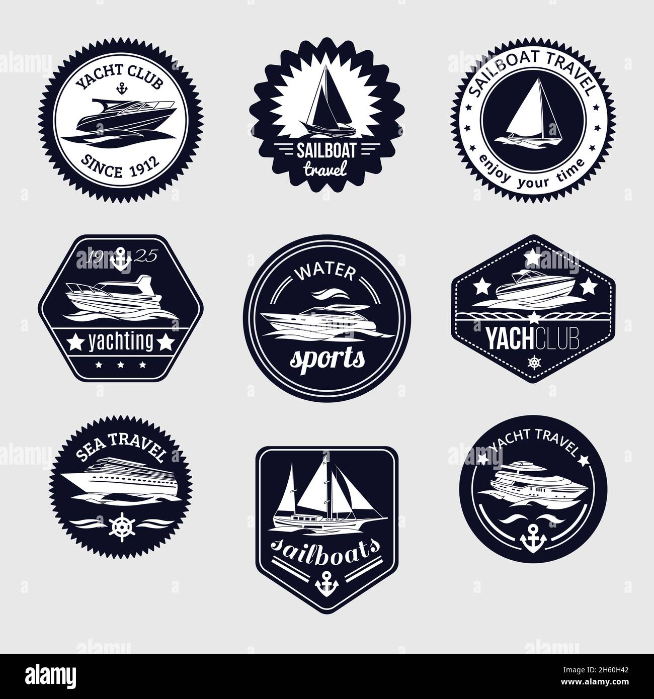 Elite World Water sport yacht club voilier mer voyage design etiquettes définir des icônes noires illustration vectorielle isolée Illustration de Vecteur