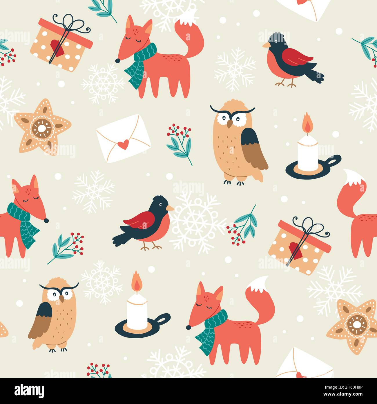 Motif de Noël avec renex, chouettes, oiseaux et bougies.Fond festif avec éléments dessinés à la main, illustration vectorielle Illustration de Vecteur