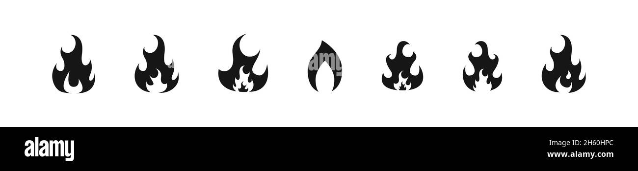 Jeu d'icônes noires plates et flamboyantes, jeu d'illustrations vectorielles flammes de feu de camp. Illustration de Vecteur