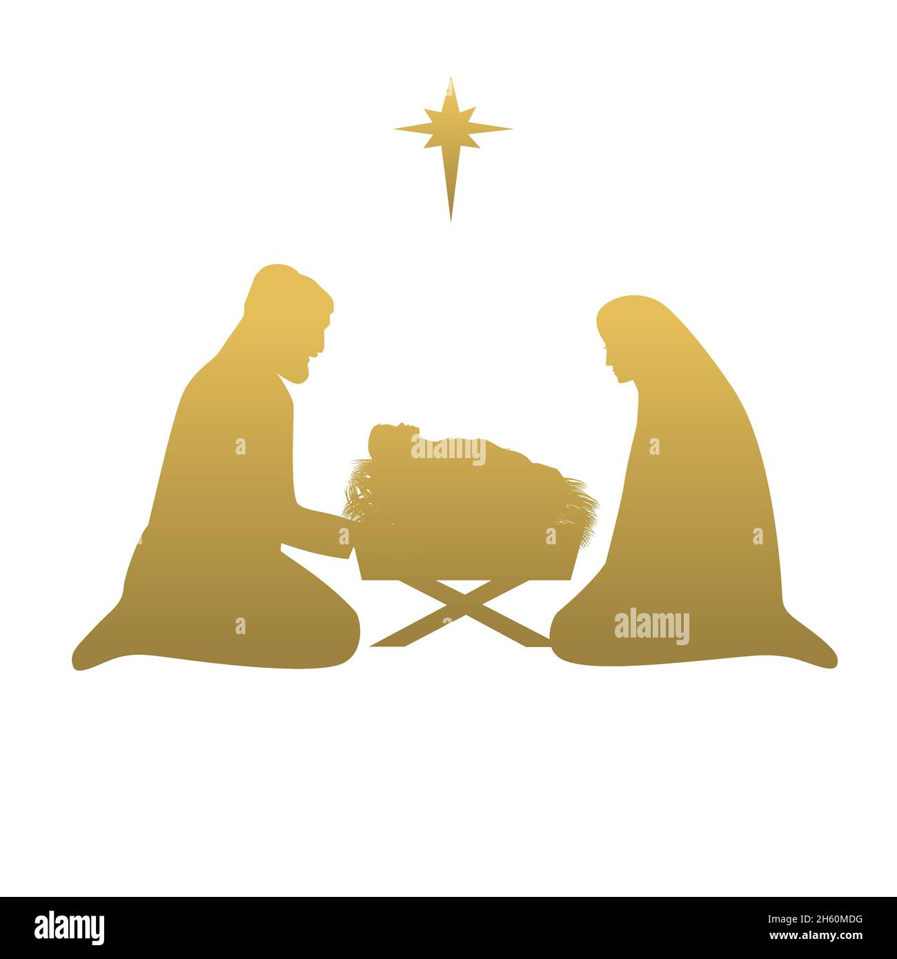 L'histoire de Noël Marie Joseph et le bébé Jésus dans la silhouette d'or de manger et l'étoile de Bethléem.Carte de vœux de la nativité chrétienne vectorielle, naissance du Christ Illustration de Vecteur