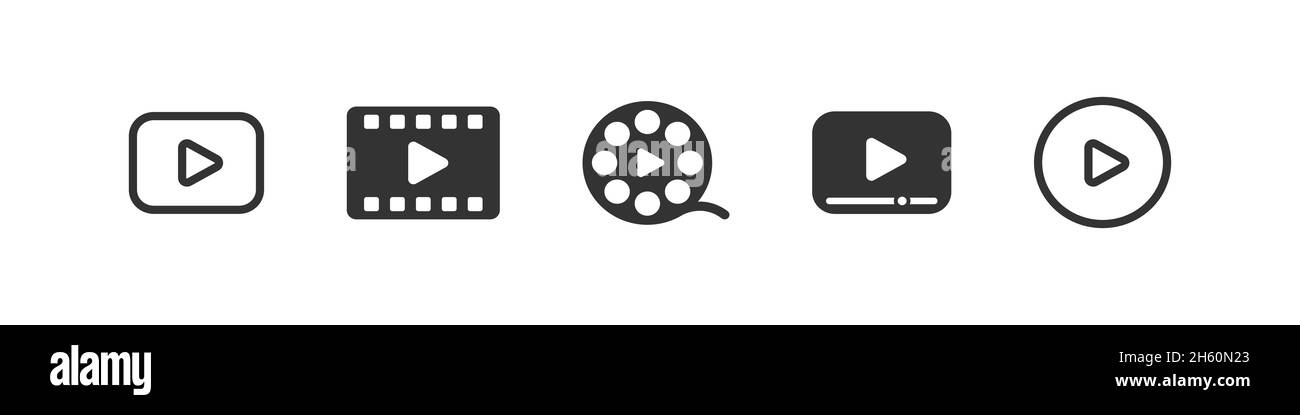 Jeu d'icônes de lecture de média vidéo, bouton-poussoir de démarrage de film multimédia, concept de collection de symboles d'application de lecteur, illustration sur fond blanc. Illustration de Vecteur