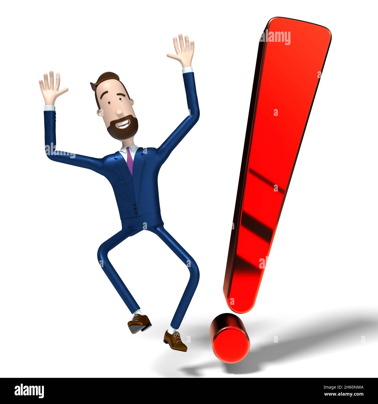Beau homme d'affaires de dessin animé et point d'exclamation - illustration 3D Banque D'Images