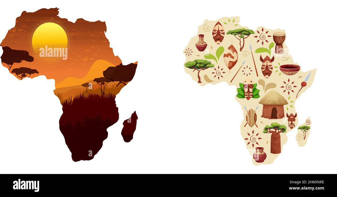 Silhouette de carte africaine avec éléments ethniques dans le style de dessin animé.Ornements tribaux sur les boucliers, masques, objets de la nature baobab arbre, savane acacia.Illustration vectorielle Illustration de Vecteur
