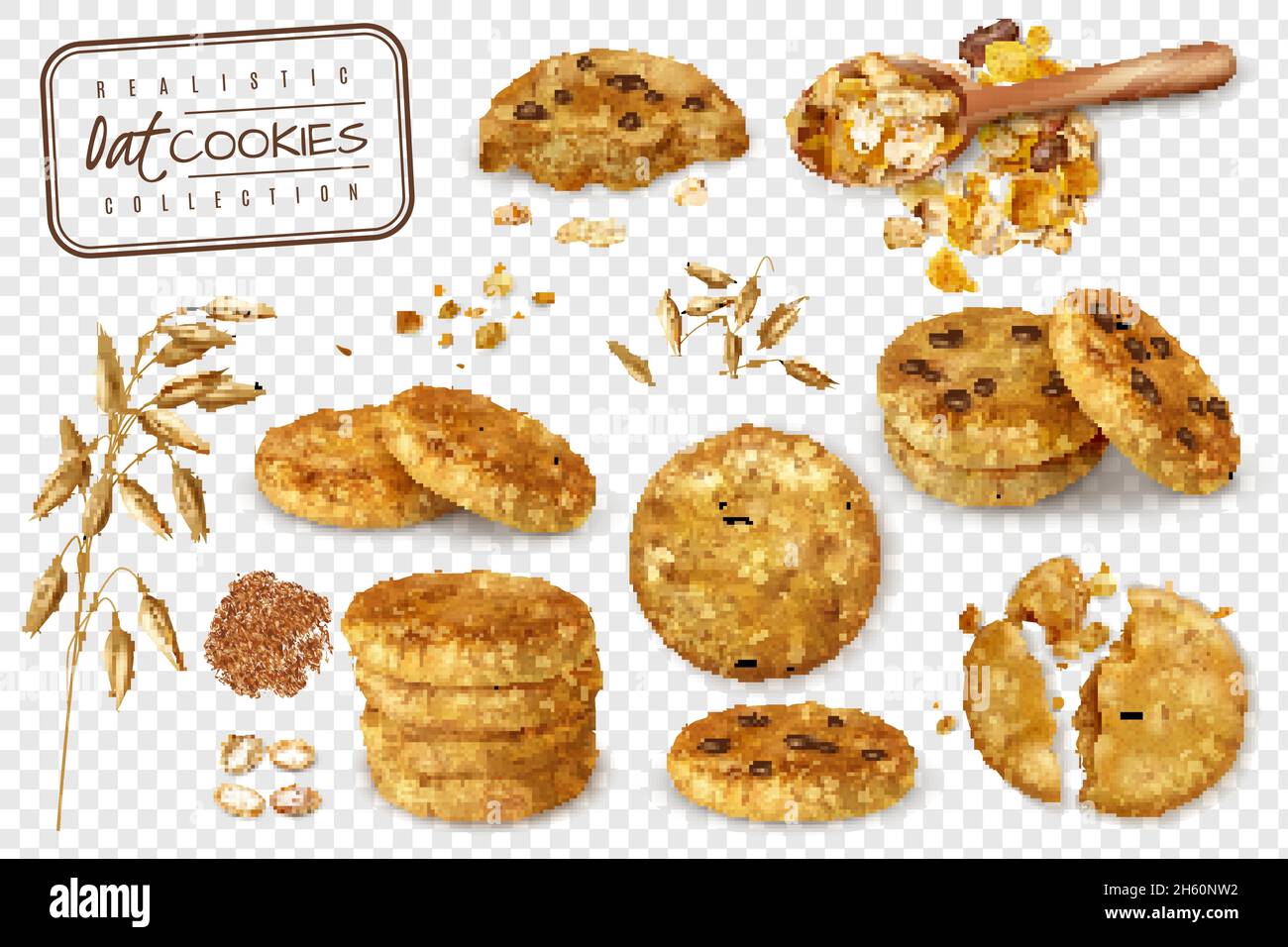 Collection réaliste de biscuits d'avoine entiers et de moitiés isolés sur illustration vectorielle d'arrière-plan transparente Illustration de Vecteur