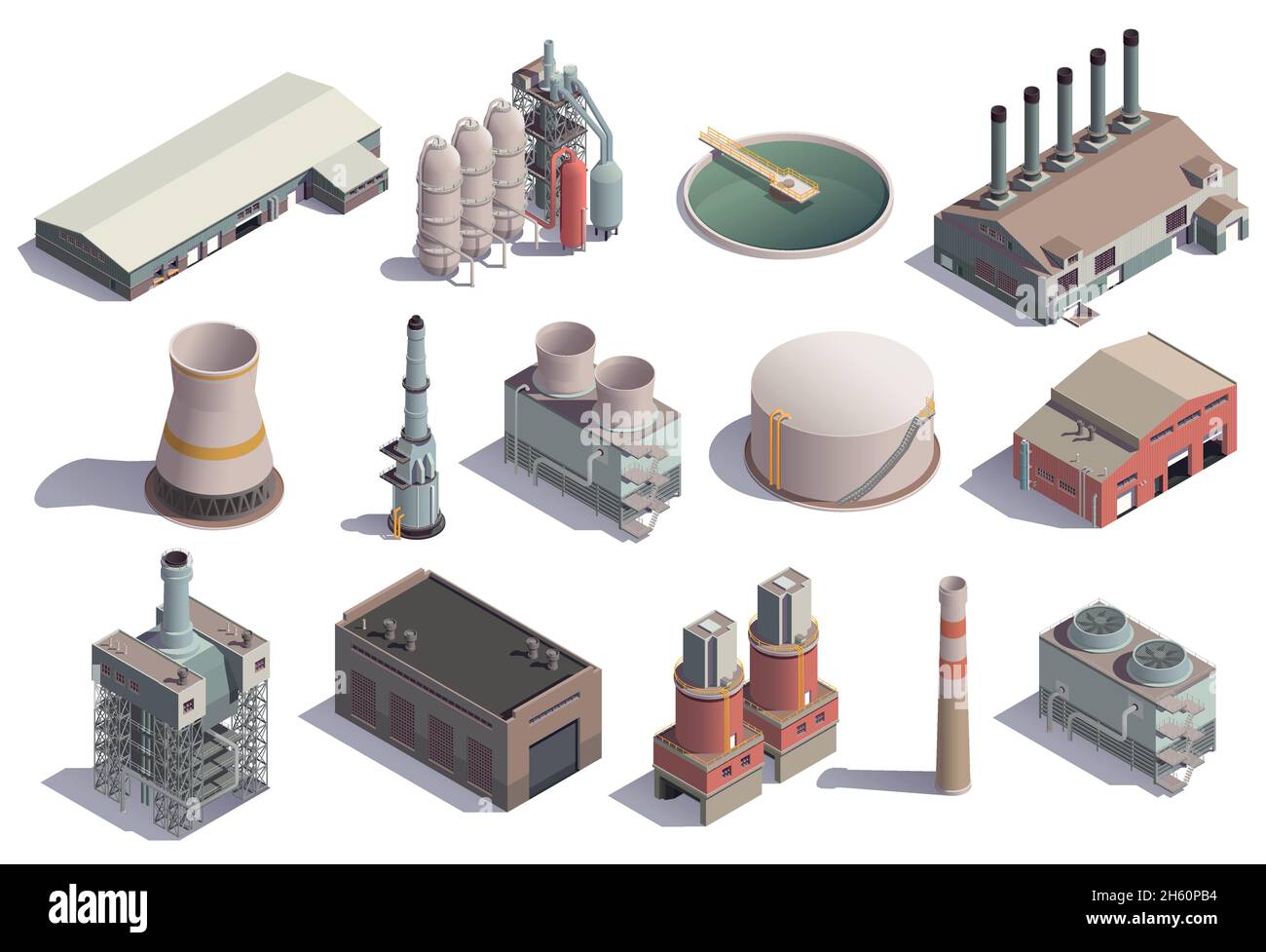 Bâtiments industriels icônes isométriques avec images isolées de l'usine fonctions à différentes fins avec illustration du vecteur d'ombres Illustration de Vecteur