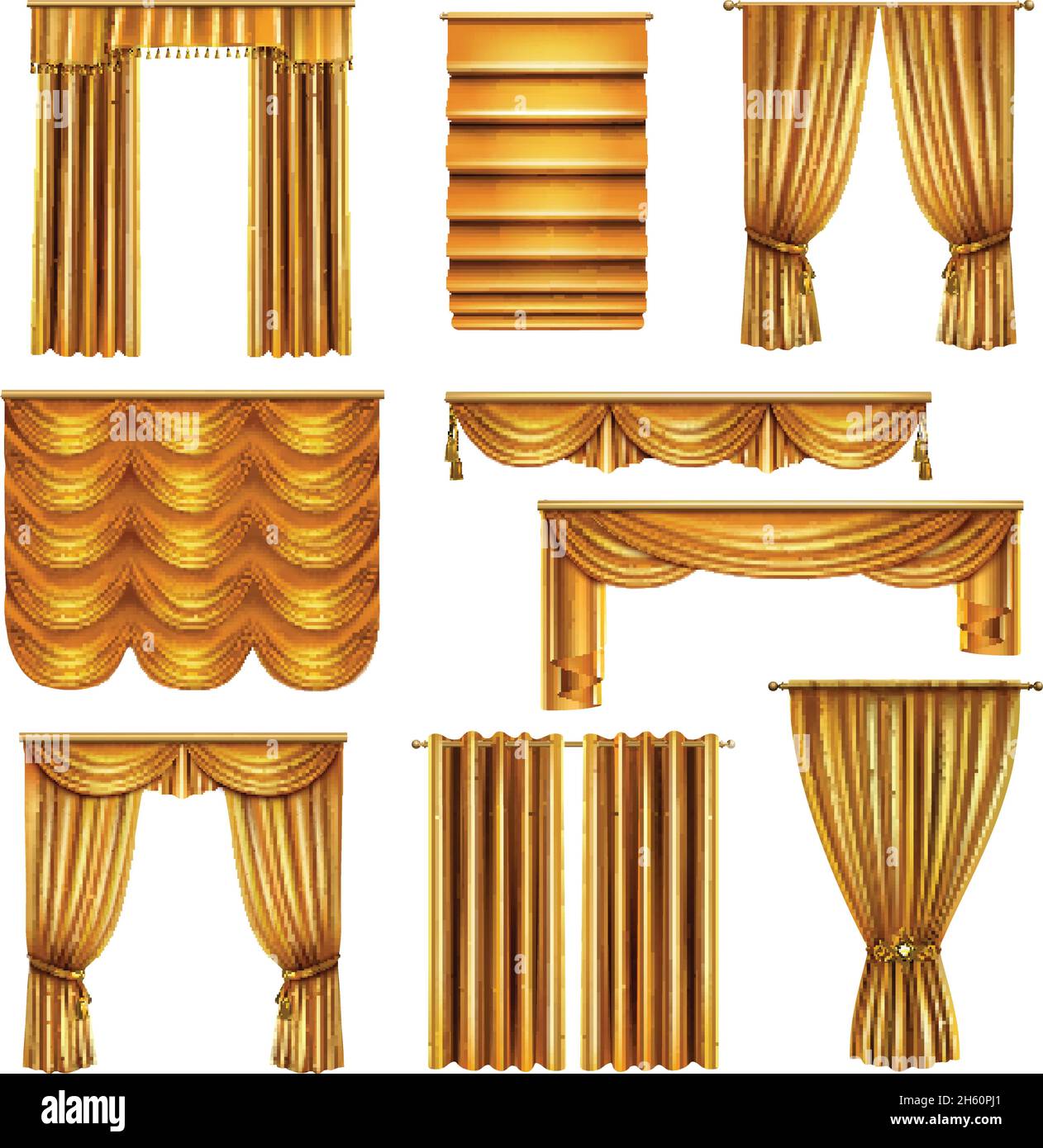 Ensemble de rideaux dorés de luxe et réalistes de différents motifs drapery avec éléments décoratifs illustration vectorielle isolée Illustration de Vecteur