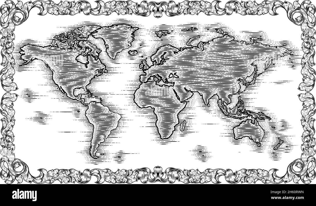 Plan du monde dessin ancienne coupe de bois gravé style Illustration de Vecteur