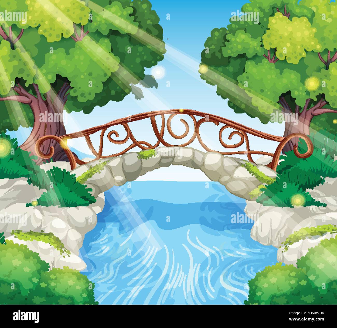 Jardin enchanté avec illustration du pont de pierre Illustration de Vecteur