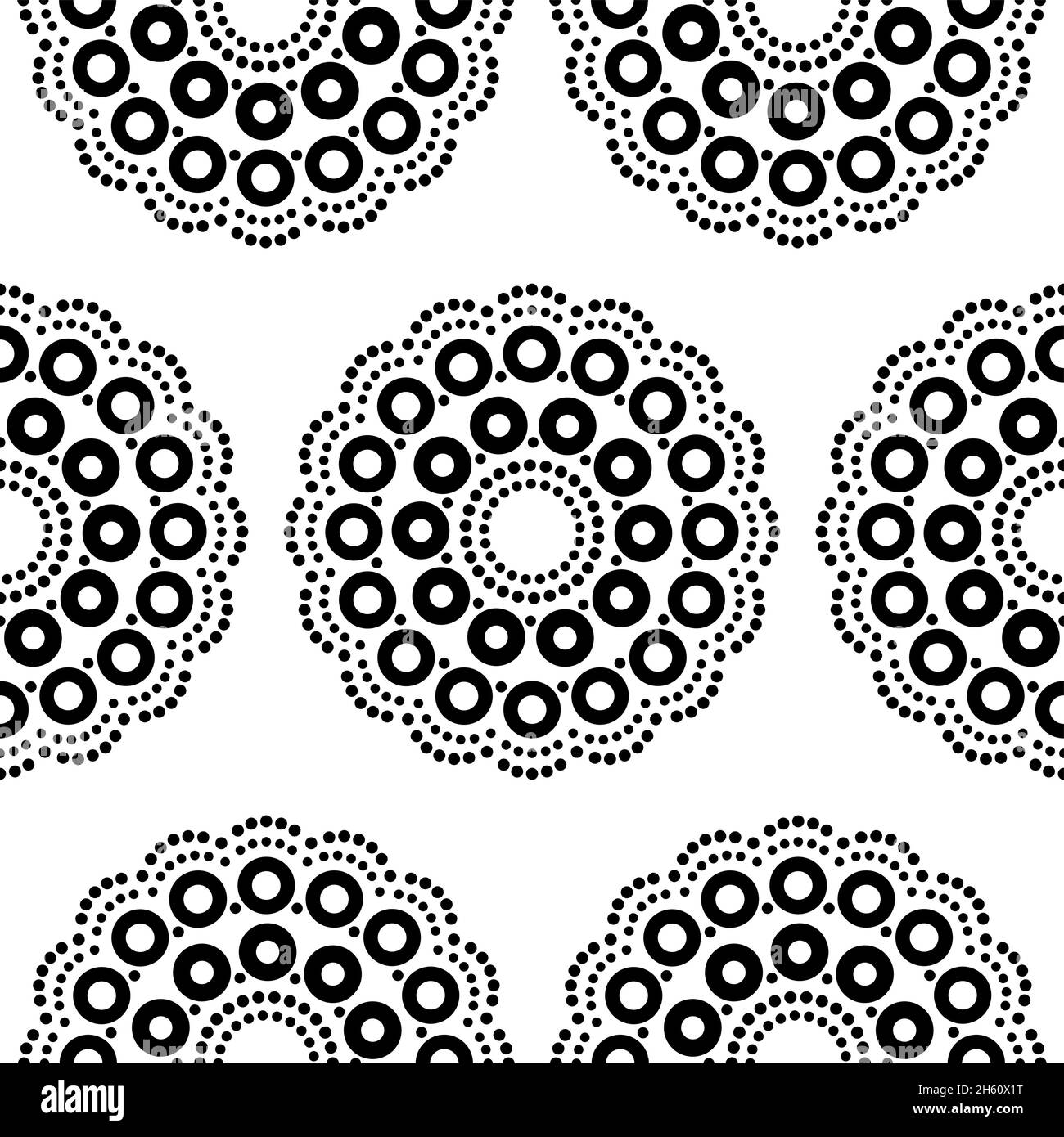 Aboriginal dot painting mandala sans couture vector pattern, répétitive dot ar en noir sur fond blanc inspiré par des dessins de l'Australie Illustration de Vecteur