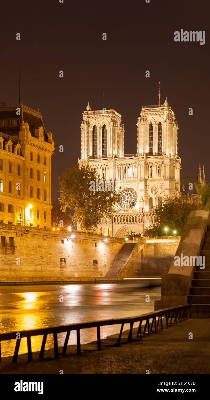 Seine et Notre Dame de Paris la nuit, France Banque D'Images