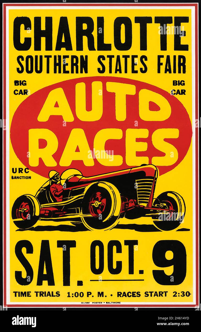 AFFICHE DE COURSE AUTOMOBILE DE VOITURE DE GRANDE TAILLE APPROUVÉE PAR L'URC DE 950 DE CHARLOTTE SOUTHERN STATES FAIR.années 1950. Banque D'Images