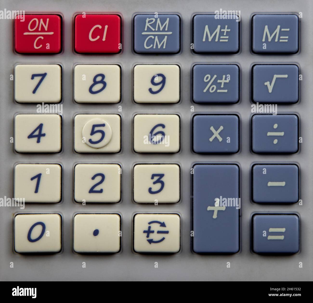 Vue en gros plan de l'ancien clavier de calculatrice en plastique Banque D'Images