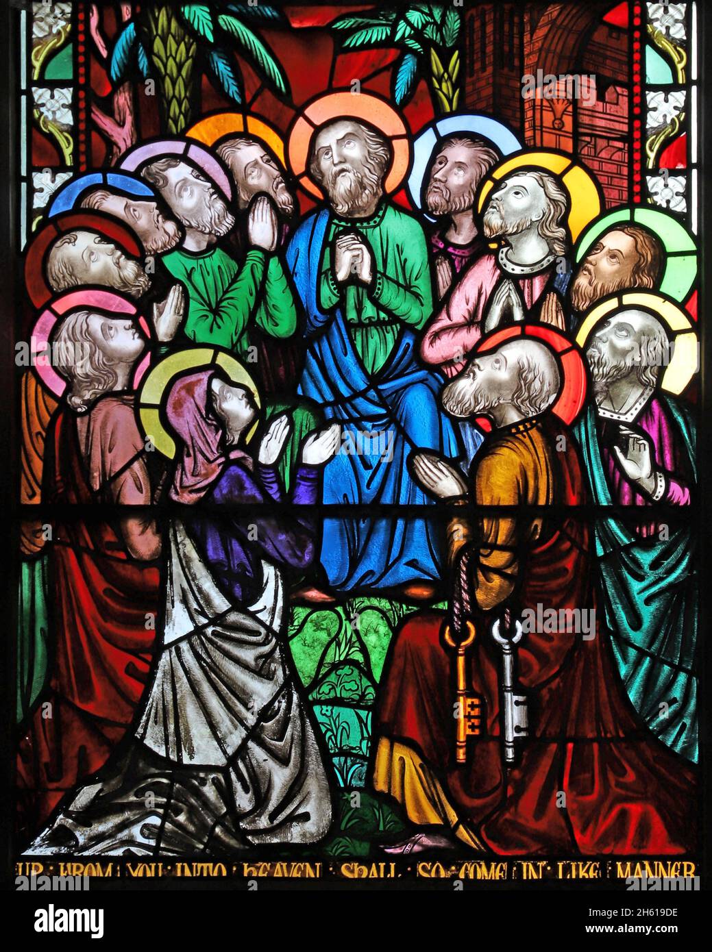 Vitraux de 1855 par Frederick Preedy (1820-1898) représentant l'Ascension de Jésus, l'église Saint-Jacques, Harvington, Worcestershire Banque D'Images