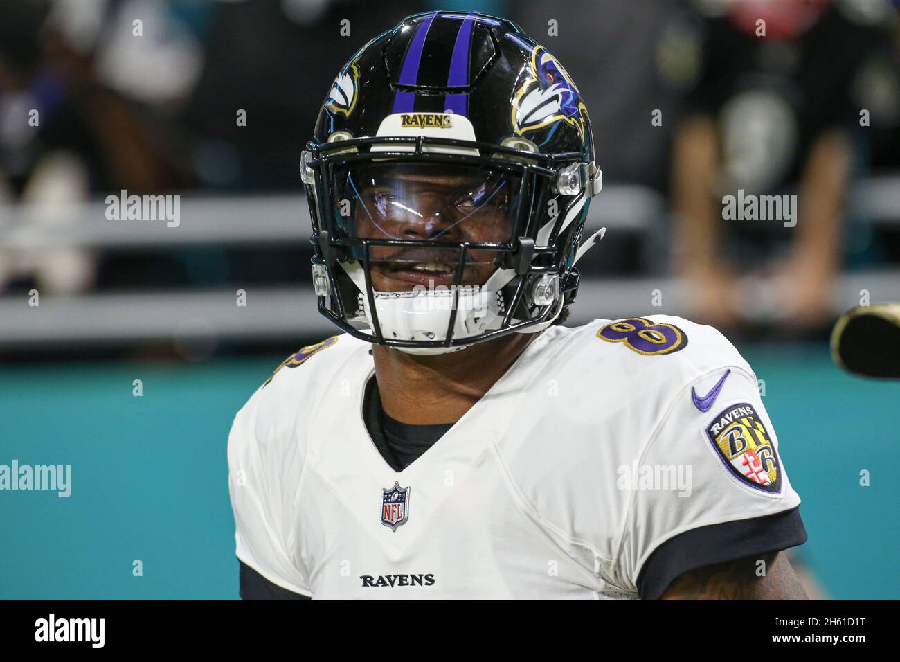 Jeudi 11 novembre 2021 ; Miami Gardens, FL USA ;Baltimore Ravens Quarterback Lamar Jackson (8) pendant les échauffements avant un match de la NFL Banque D'Images