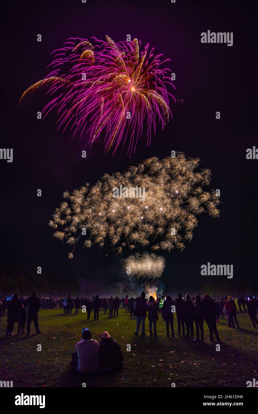 Feu d'artifice commercial dans un grand champ ouvert le 5th novembre, Guy Fawkes nuit en Angleterre, Royaume-Uni. Banque D'Images