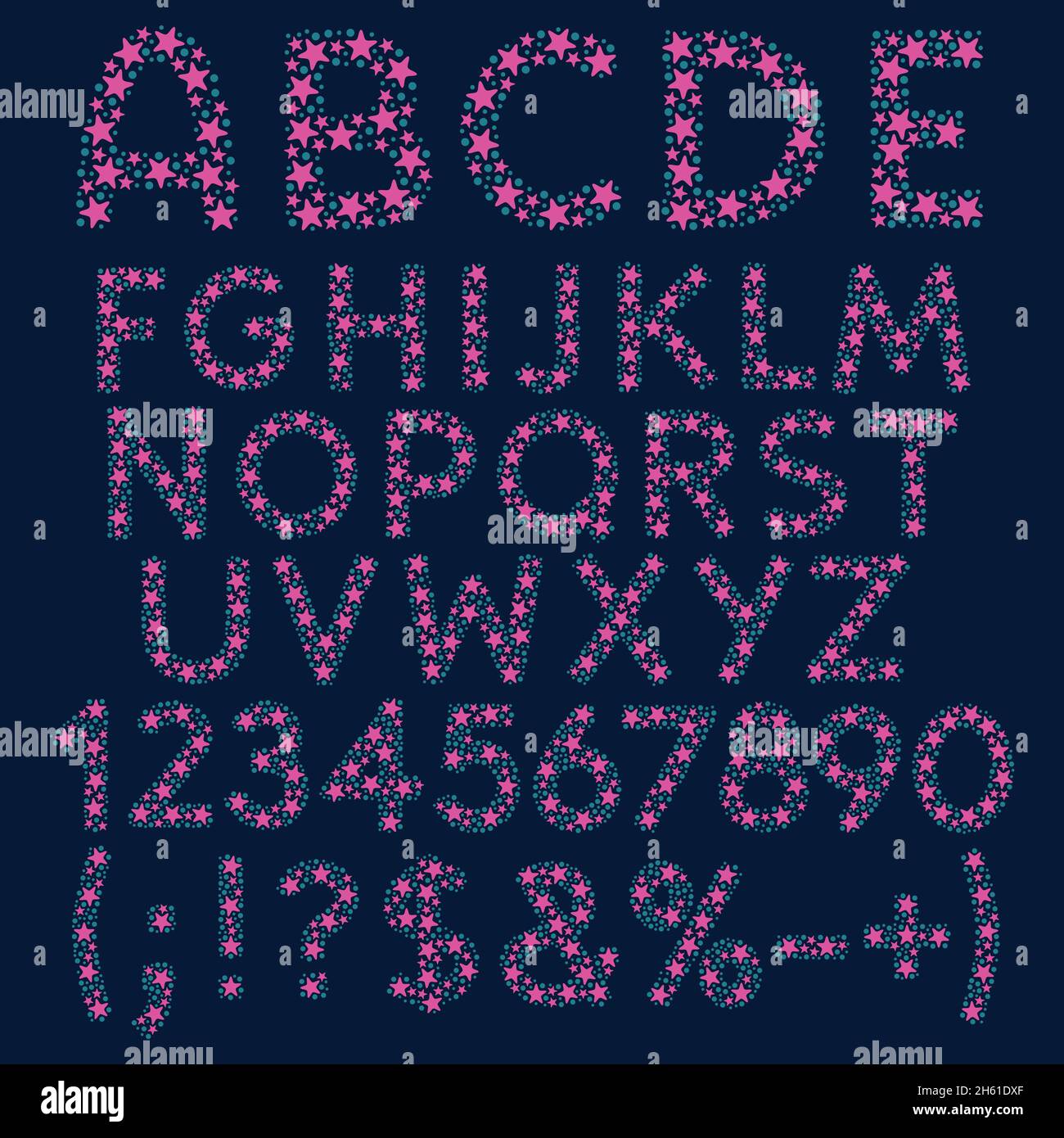 Alphabet, lettres, chiffres et signes provenant d'étoiles roses et de cercles bleus.Objets vectoriels isolés. Illustration de Vecteur