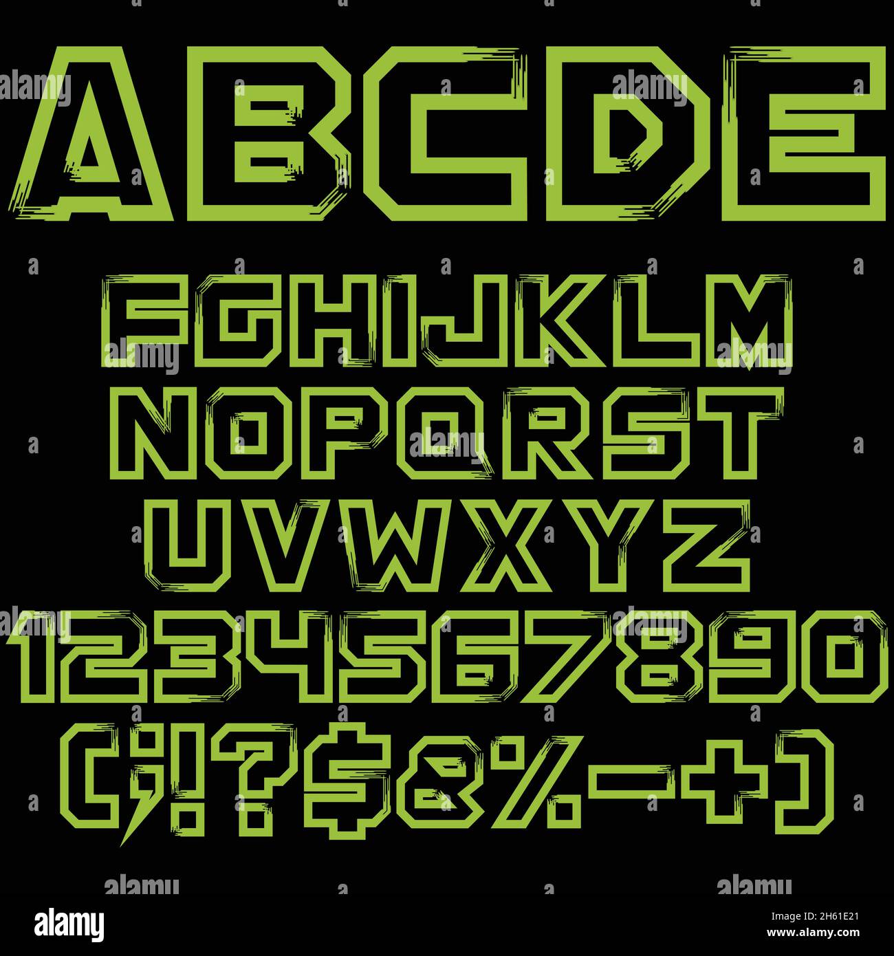 Alphabet, chiffres et signes verts.Objets vectoriels isolés sur fond noir. Illustration de Vecteur