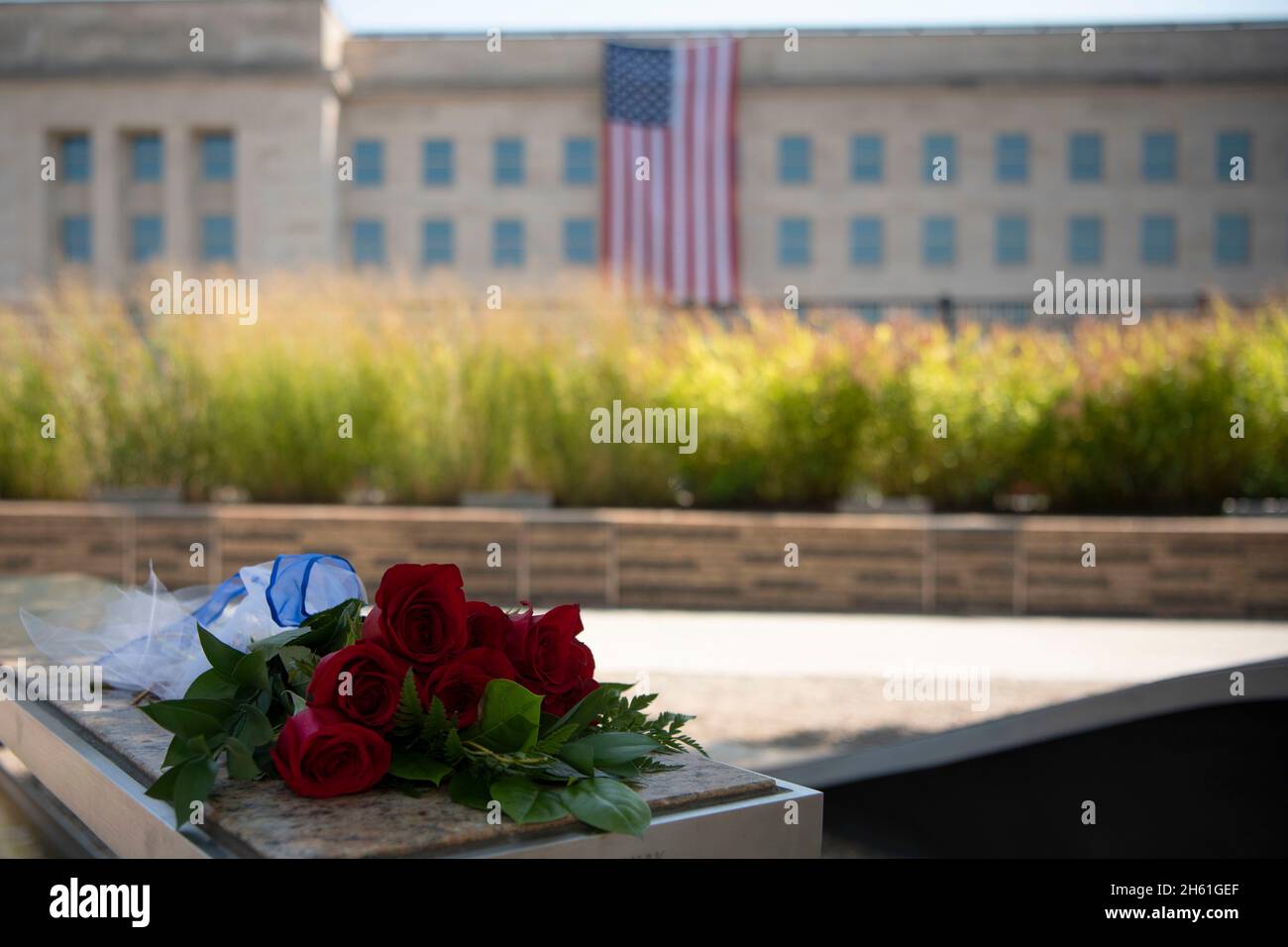 Reportage : le mémorial national du Pentagone de 9/11 est vu à l'occasion de l'anniversaire des attentats, Washington, D.C., le 11 septembre 2019. Banque D'Images