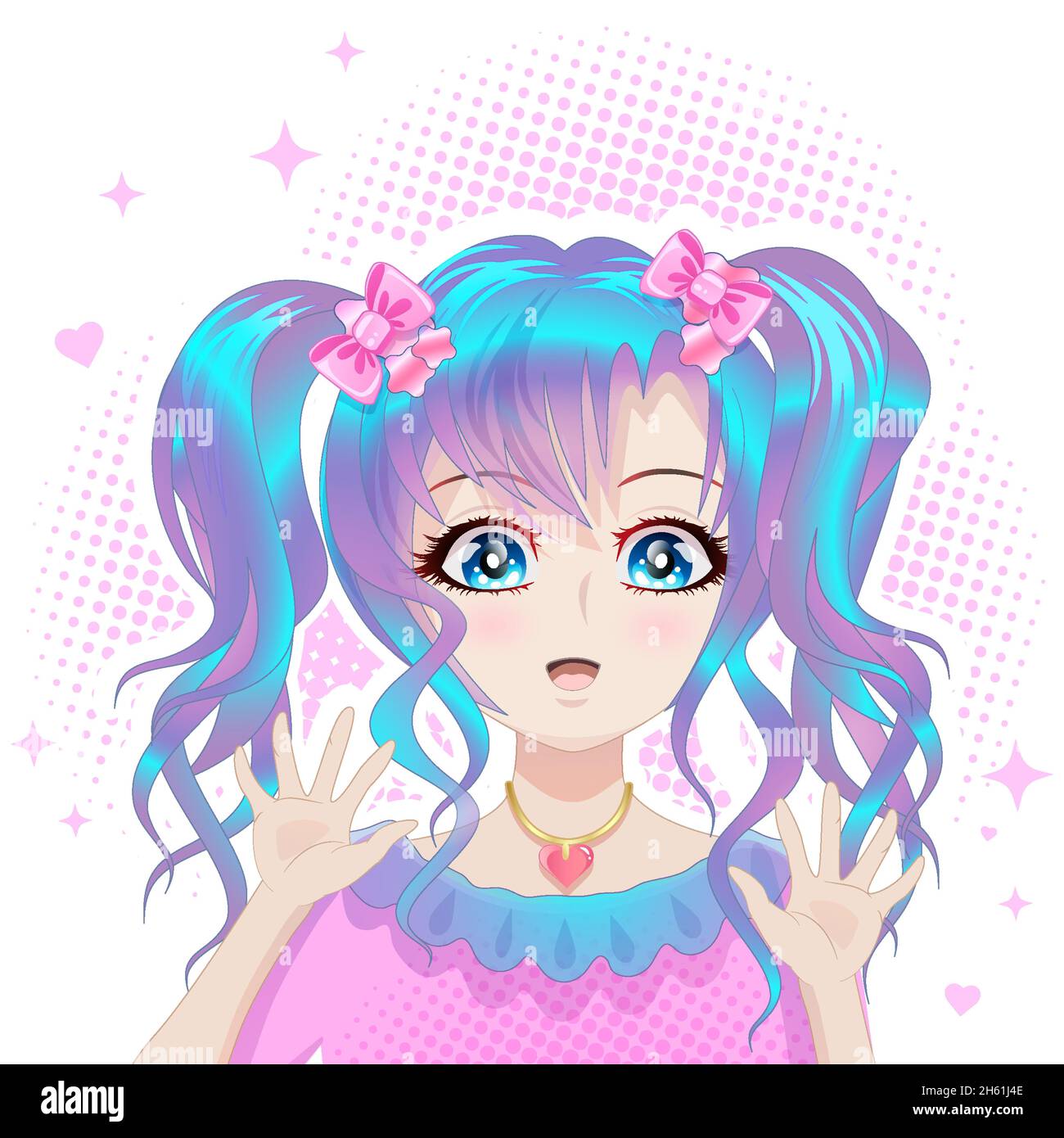 Belle fille avec cheveux bleus et yeux bleus dans le style anime. Illustration de Vecteur