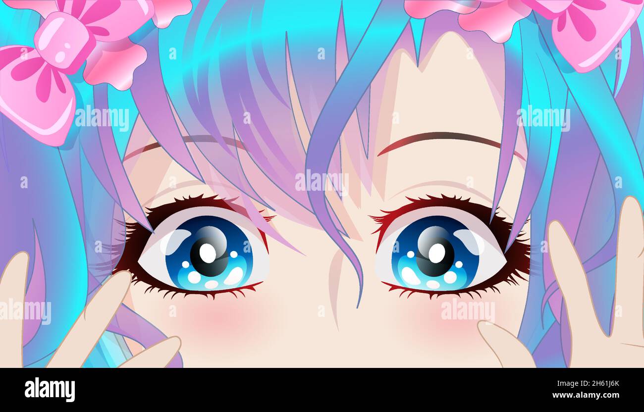 Jolie fille avec cheveux bleus et yeux bleus dans le style anime. Illustration de Vecteur