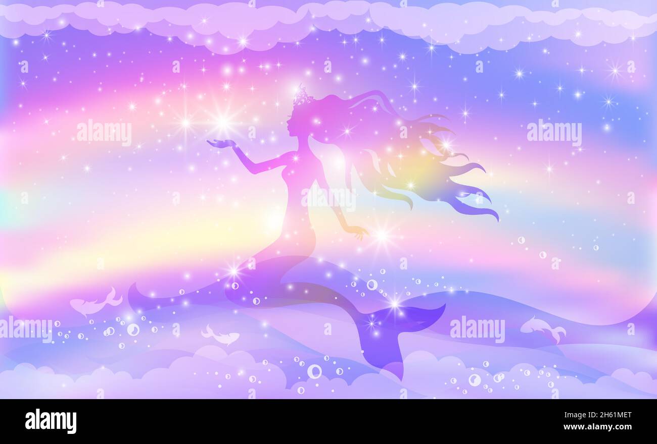 Silhouette d'une princesse sirène nageant dans la mer sur fond d'un ciel arc-en-ciel avec des étoiles. Illustration de Vecteur