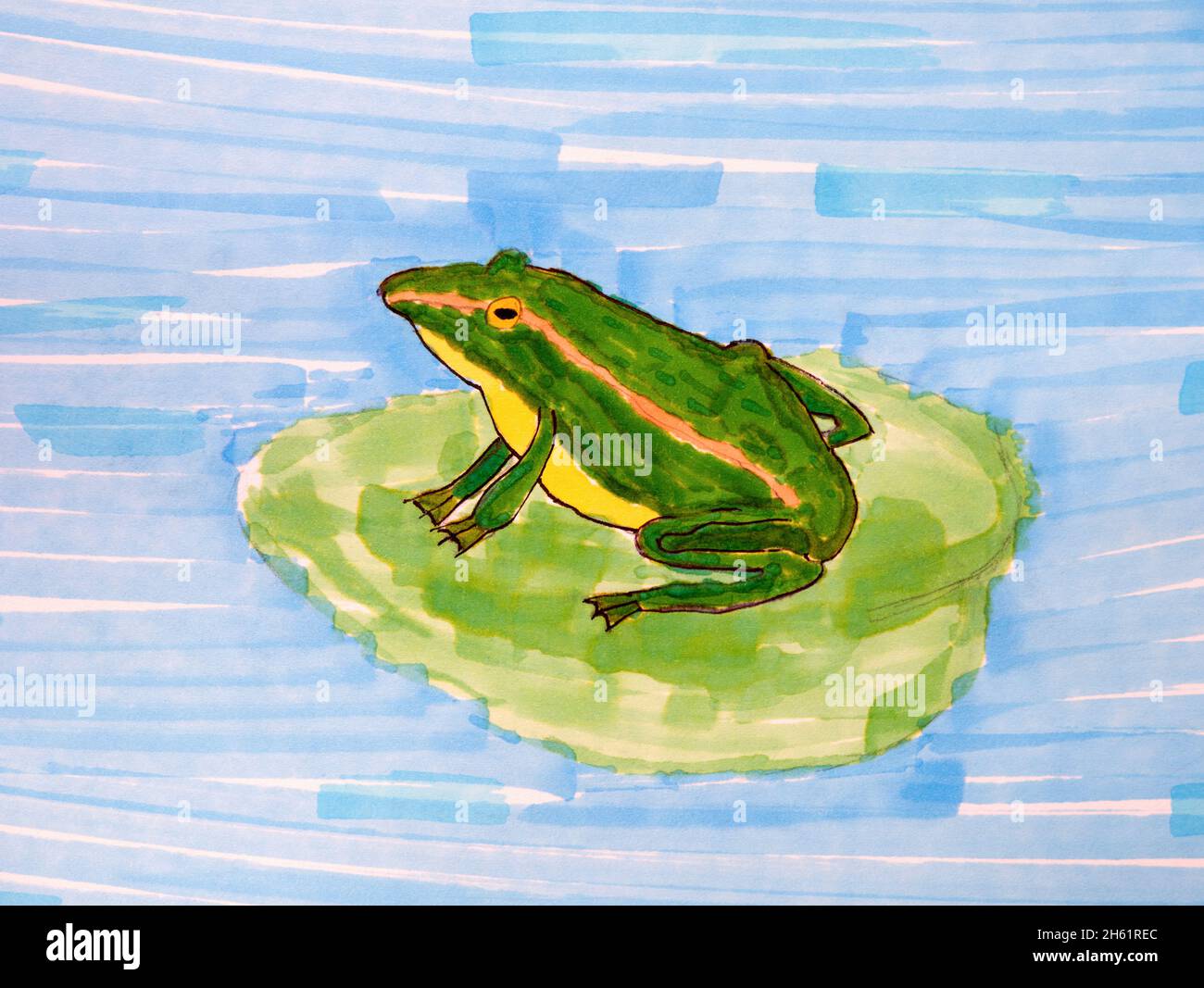 Une grenouille verte sur une feuille de nénuphars dans un étang.Dessin manuel d'enfant réalisé par des marqueurs de couleur. Banque D'Images