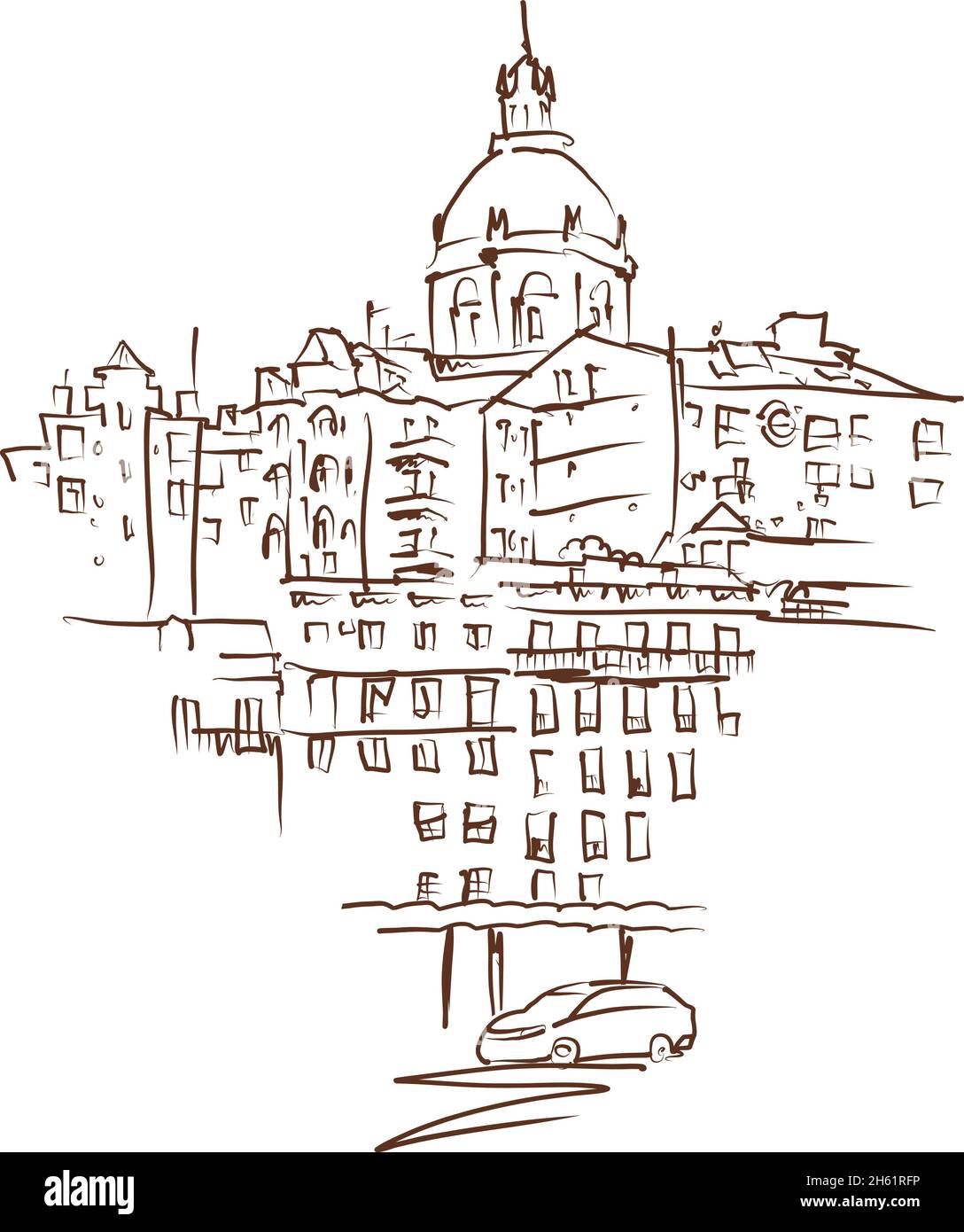 Panorama ancien de Lisbonne, Portugal. Dessin de paysage urbain en style croquis dessiné à la main.Illustration vectorielle sur fond blanc. Illustration de Vecteur