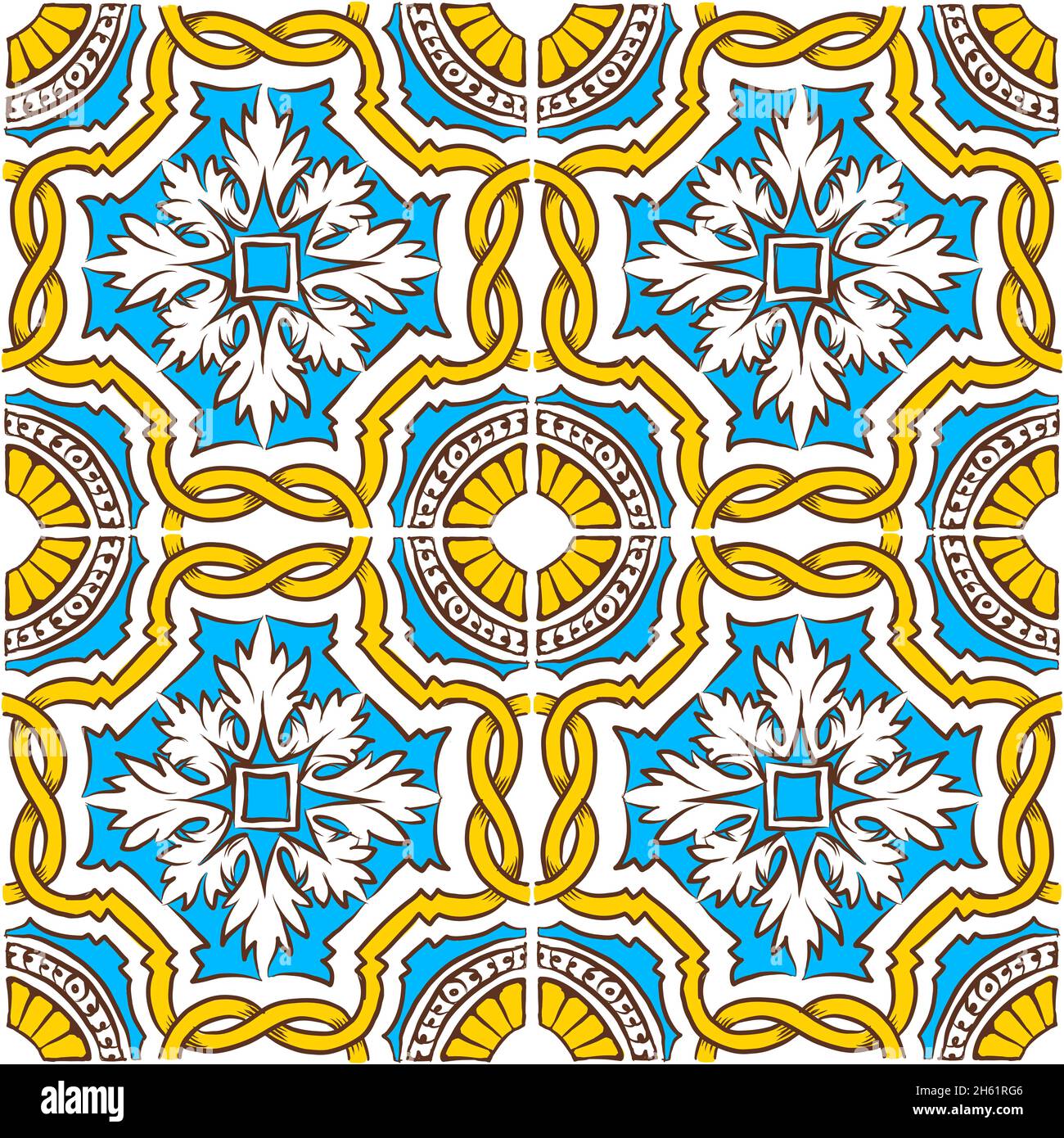 Azulejos portugais de couleur dessinées à la main.Motifs vectoriels sans couture fond bleu, jaune abstrait pour toile de fond, imprimé, oreillers, texture de surface, W Illustration de Vecteur