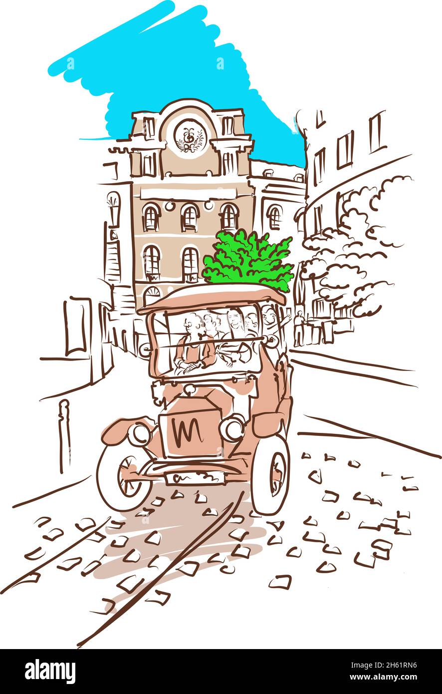 Voiture vintage ville esquisse. Vue perspective et panorama urbain de Lisbonne, dessiné à la main, style esquisse, isolé, vecteur, illustration. Illustration de Vecteur
