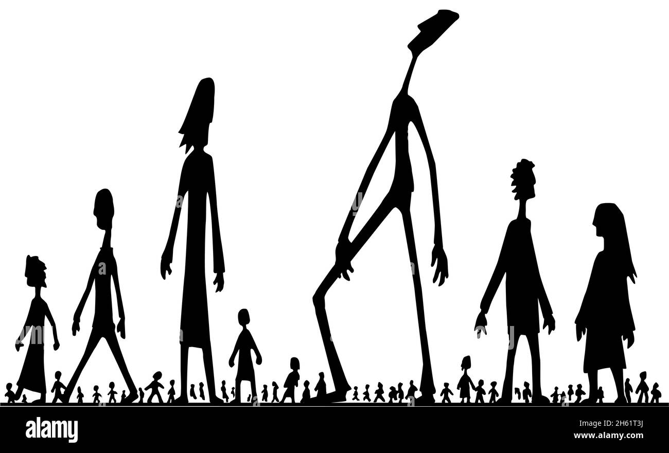 Personnes de haut au-dessus de la scène silhouette dessin animé noir, illustration vectorielle, horizontale, sur blanc Illustration de Vecteur