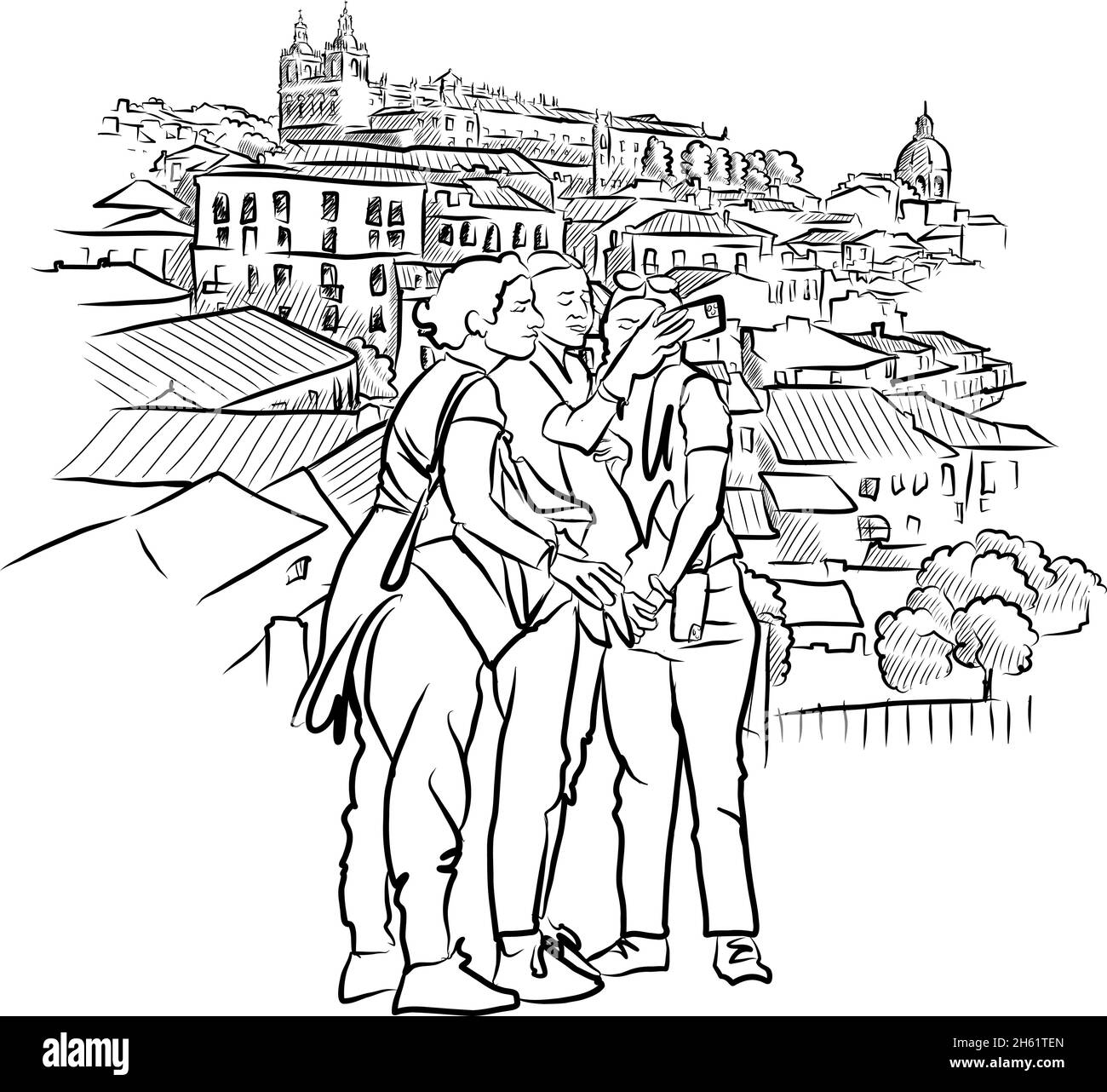 Touristes à Lisbonne dessin. Dessins vectoriels dessinés à la main de Lisboa, Portugal. Illustration de Vecteur