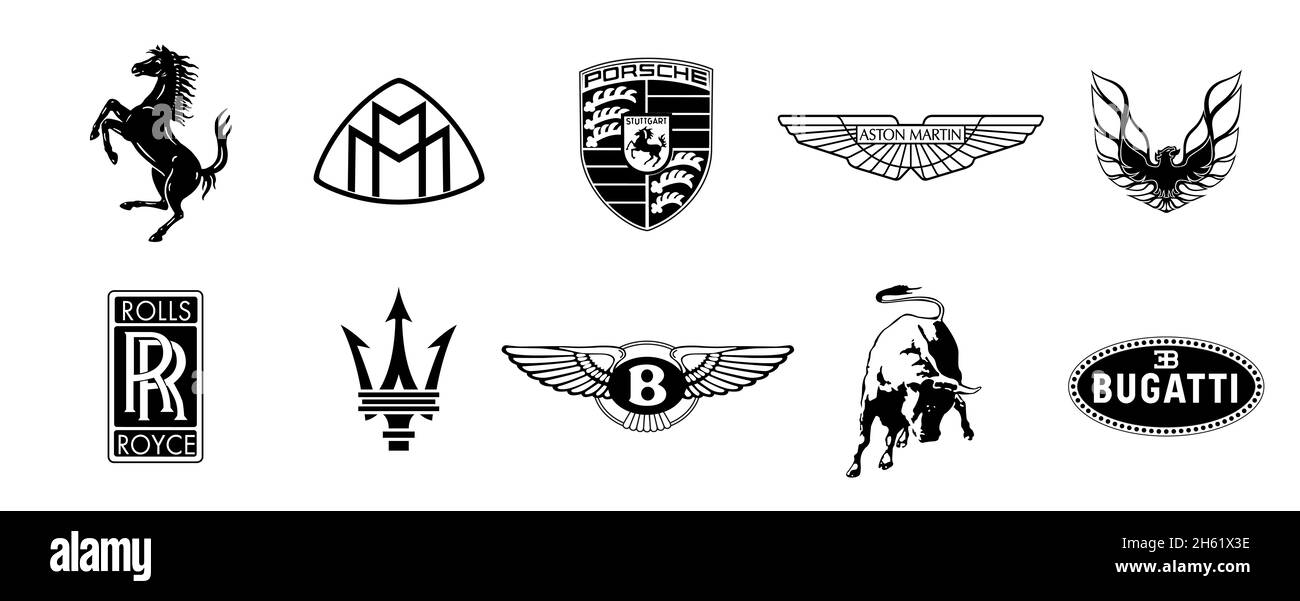 Vinnytsia, Ukraine - 22 novembre 2021 : ensemble du logo noir des compagnies de voitures haut de gamme.Ferrari, maybach, porsche, bentley, aston martin,maserati Banque D'Images