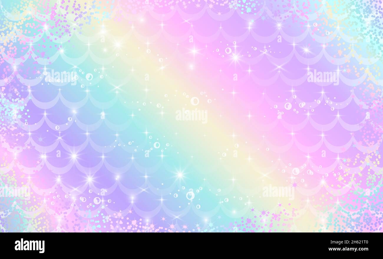 Pèse-personne arc-en-ciel MermaidFond holographique fantaisie dans des étoiles étincelantes et des bulles pour le design.Illustration vectorielle pour les enfants. Illustration de Vecteur