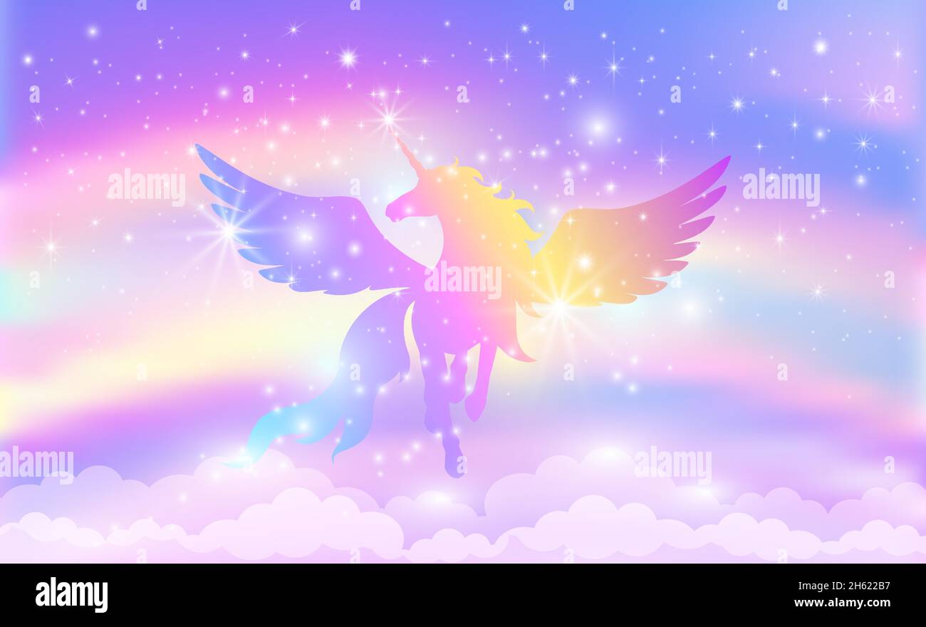 Silhouette d'une licorne avec des ailes sur un fond de ciel arc-en-ciel avec des étoiles.Illustration vectorielle pour les enfants. Illustration de Vecteur