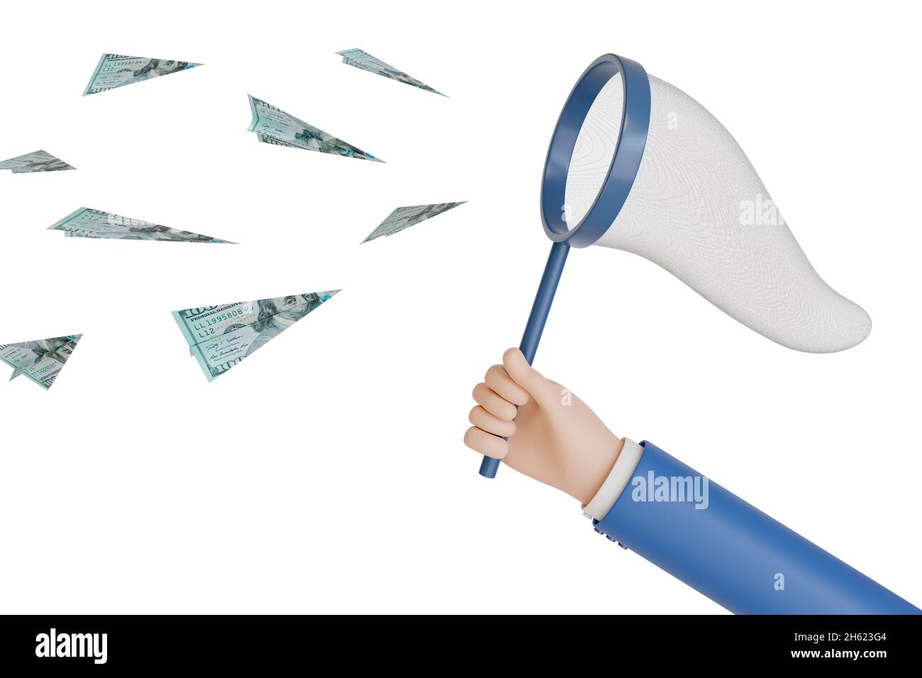 Main de dessin animé attrapant des billets de dollars isolés sur fond blanc .Concept commercial Finance.illustration 3d. Banque D'Images