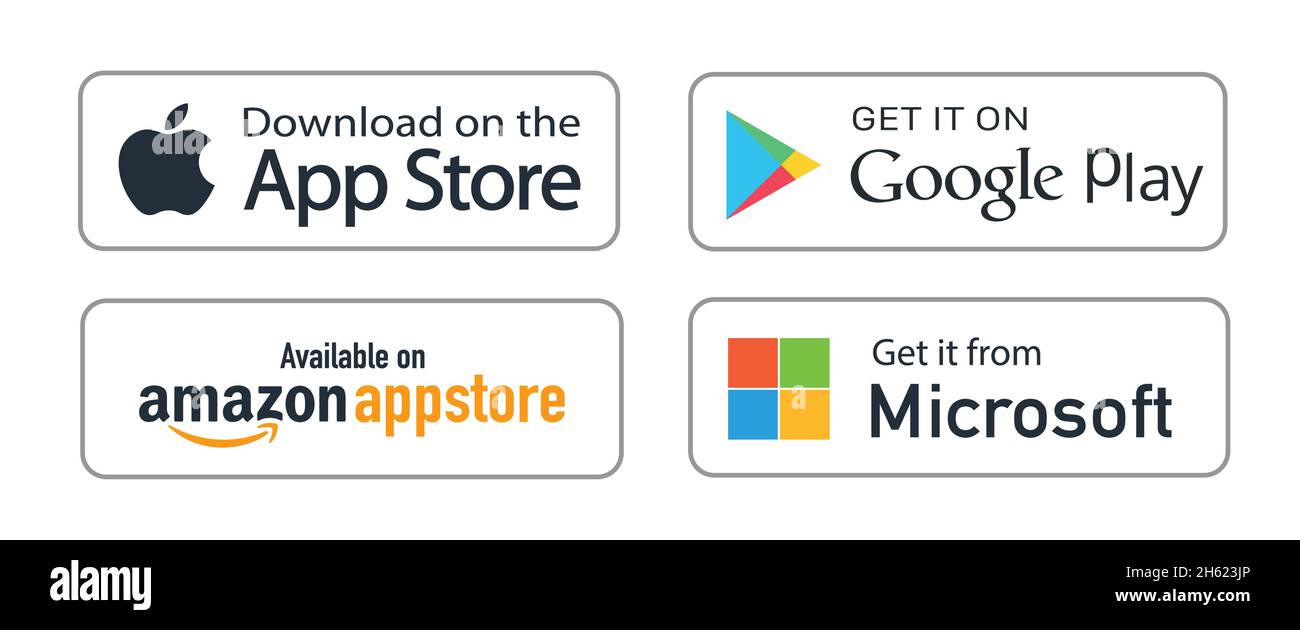 Kiev, Ukraine - 7 novembre 2021: Boutons Google Play Store, Amazon AppStore, Apple App Store, téléchargement Microsoft Illustration de Vecteur