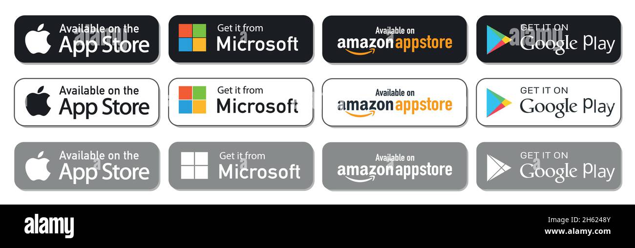 Kiev, Ukraine - 7 novembre 2021: Boutons Google Play Store, Amazon AppStore, Apple App Store, Microsoft Illustration de Vecteur