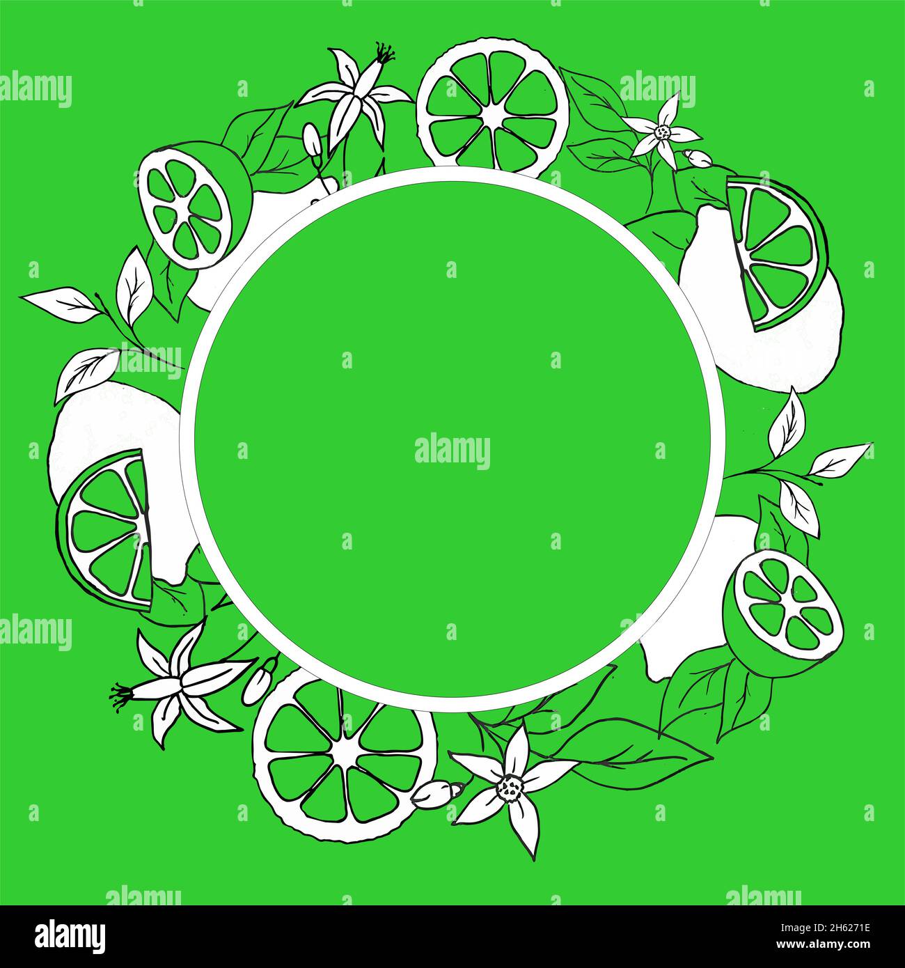 motif de fleurs de lime et de lime sur fond vert, cadre, étiquette Banque D'Images