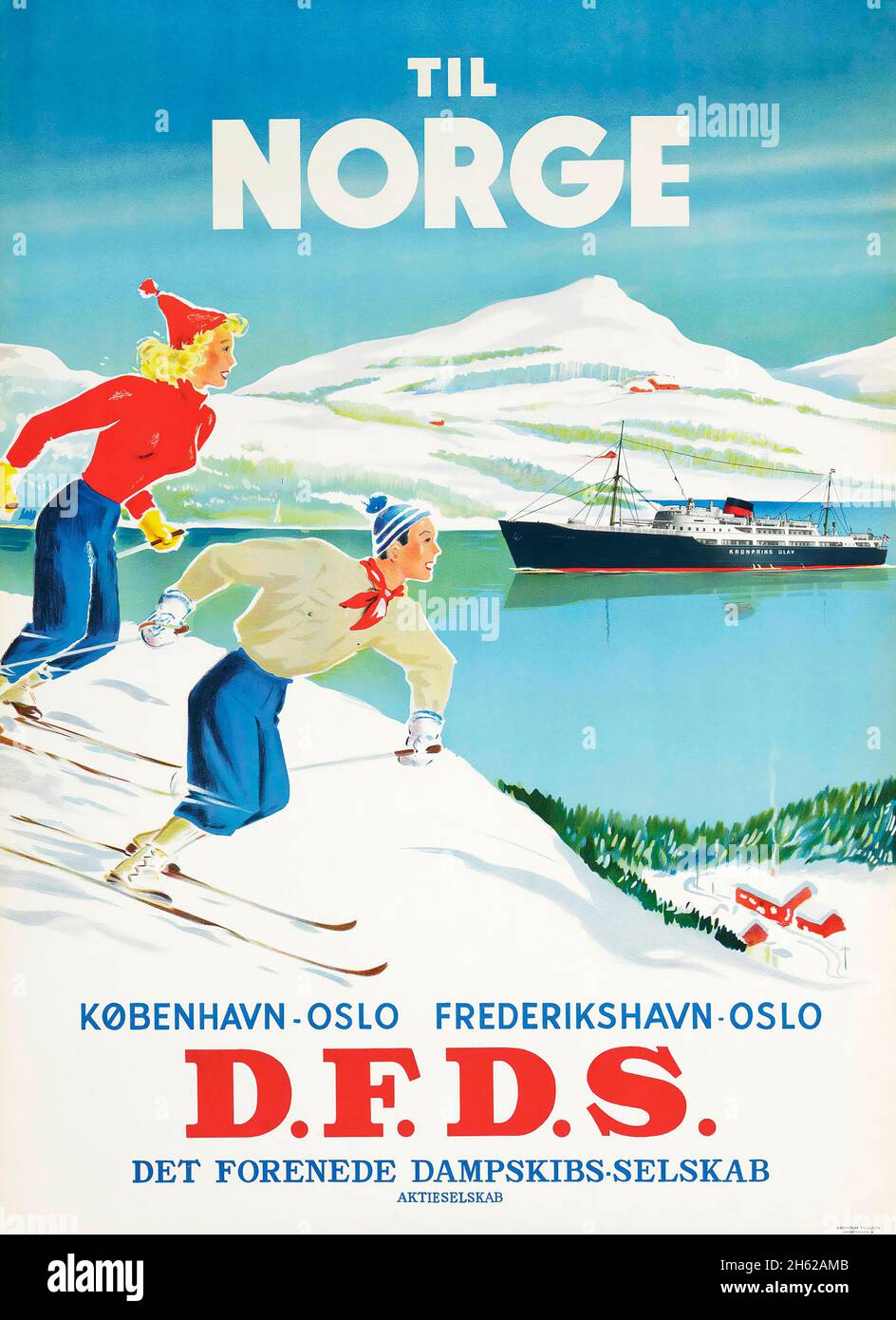 Affiche de voyage vintage - Sport d'hiver - Til Norge D.F.D.S. navire. Affiche de voyage norvégienne. Artiste anonyme. Banque D'Images