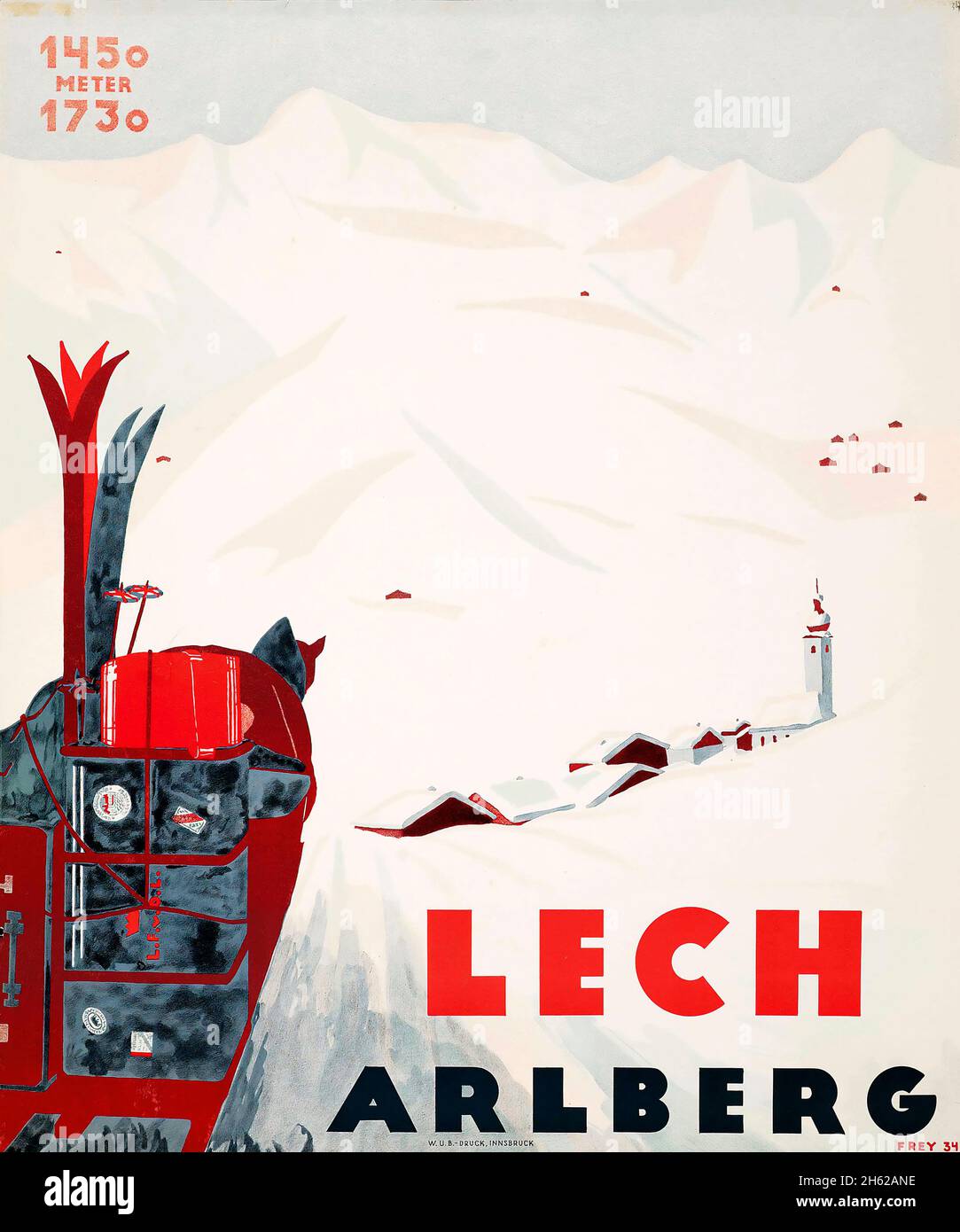Affiche Voyage vintage - Sport d'hiver, Frey, LECH ARLBERG 1934 Banque D'Images