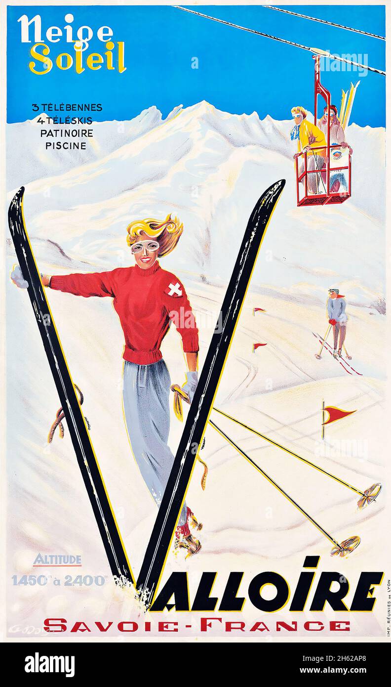 VALLOIRE, Savoie France, neige Soleil - artiste anonyme, Poster de voyage d'époque - Sport d'hiver, 1946 Banque D'Images
