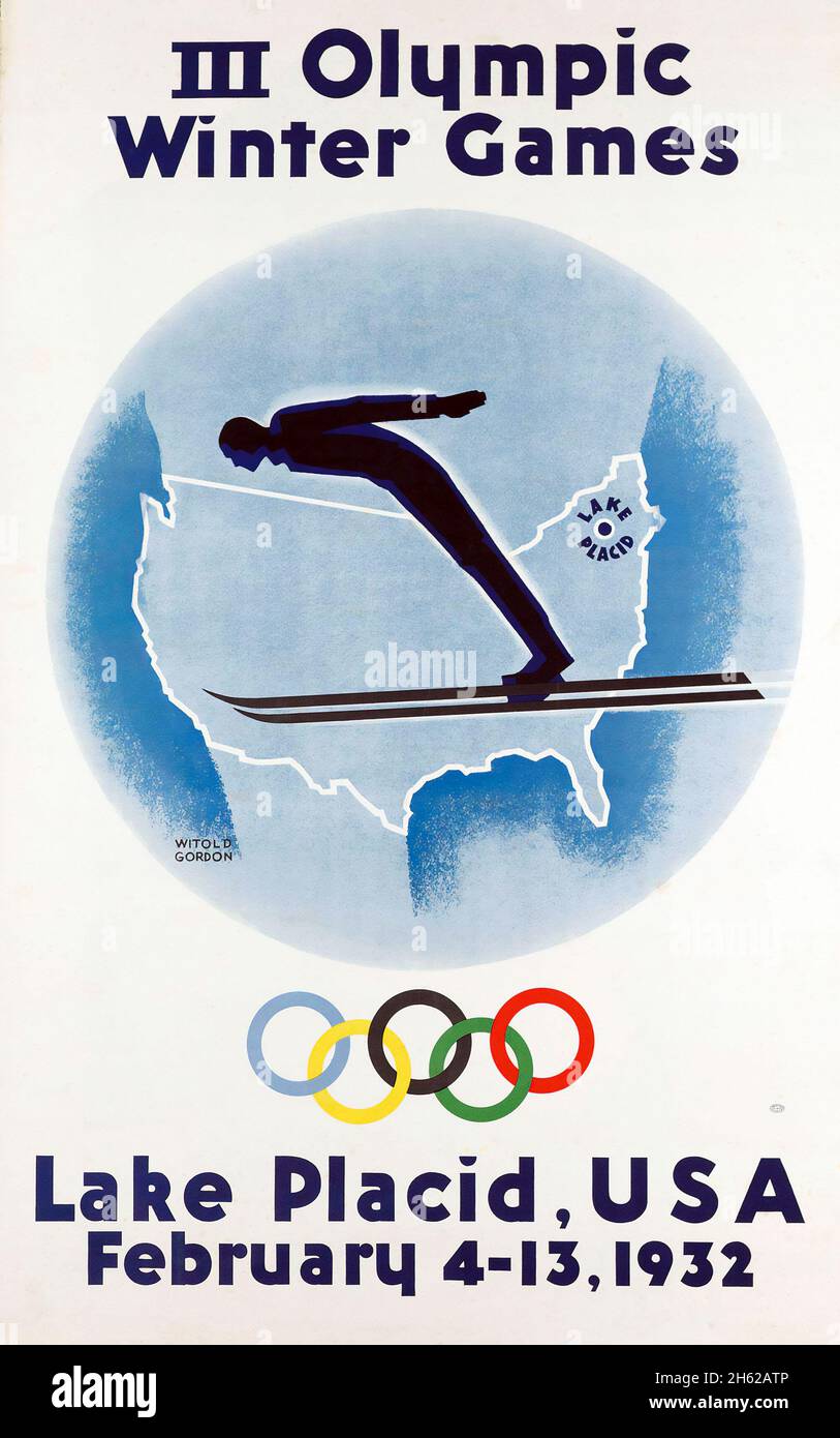 Affiche de voyage vintage - Sport d'hiver, Jeux Olympiques d'hiver.Lake Placid, États-Unis, février 1932. Banque D'Images