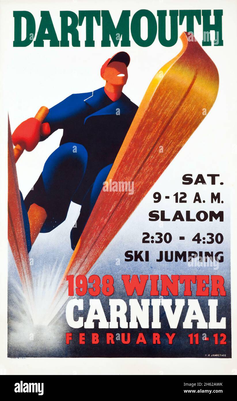 Affiche de voyage vintage - Sport d'hiver - T.N.JOANETHE DARTMOUTH, CARNAVAL D'HIVER 1938 Banque D'Images