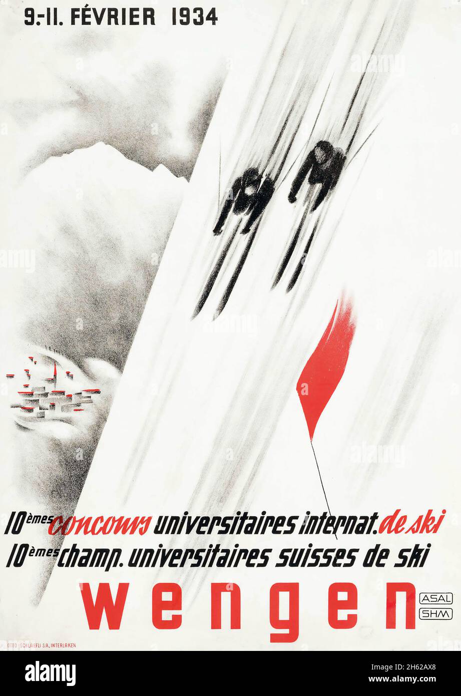 Wengen, 1934, affiche de voyage Vintage - Sport d'hiver, Suisse, Schweiz, Suisse. Skieurs de descente. Artiste inconnu. Banque D'Images