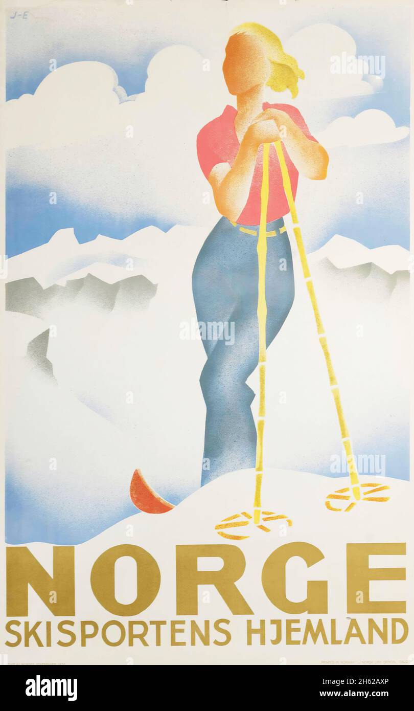 NORGE (Norvège) Skisportens hjemland.Affiche de voyage vintage - Sport d'hiver.1936. Affiche de voyage norvégienne.Signé J.E. Banque D'Images