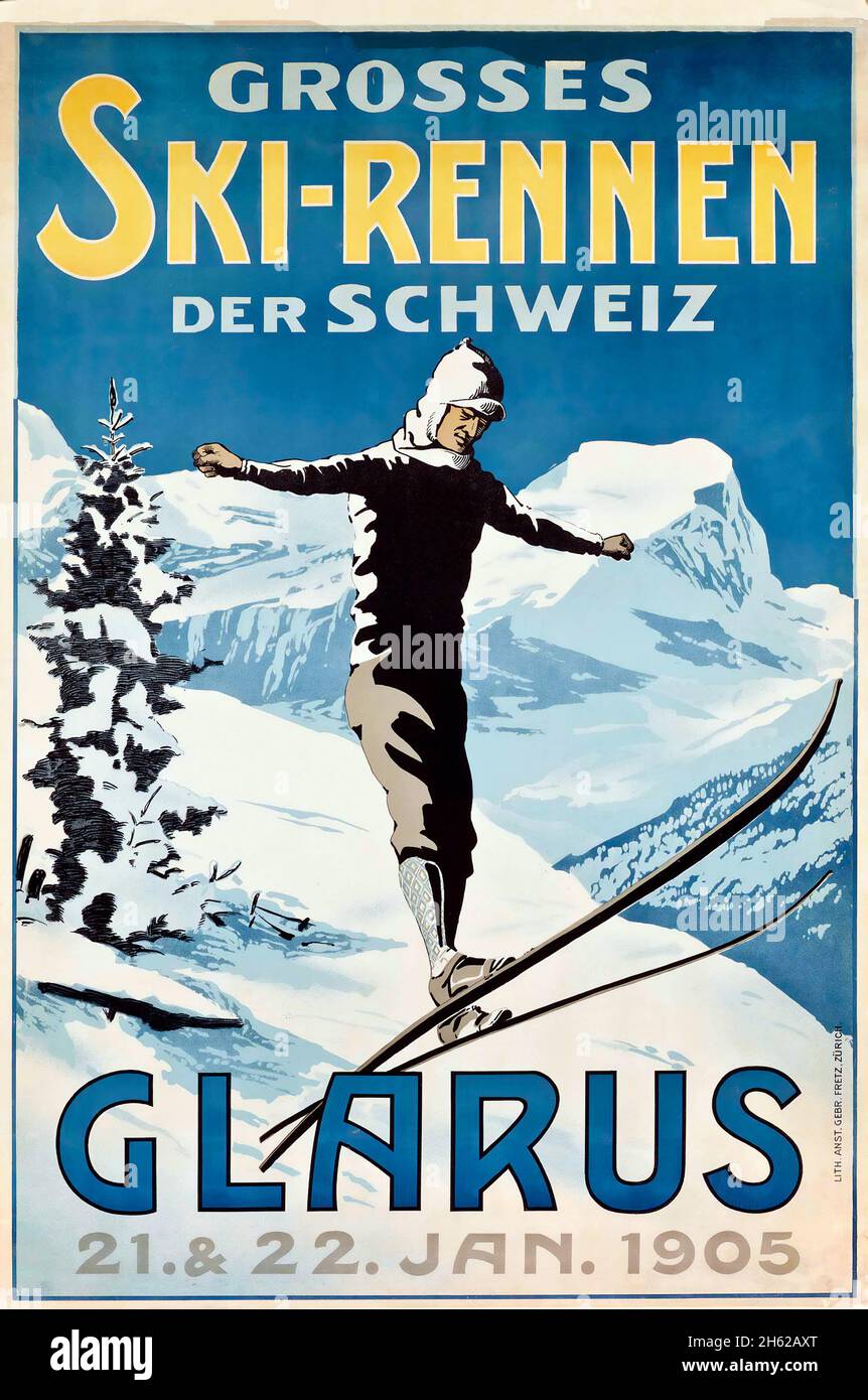 Affiche de voyage vintage - Sport d'hiver, grosses ski-rennen der Schweiz. Glarus, janvier 1905. Suisse, Schweiz, Suisse. Artiste anonyme. Banque D'Images