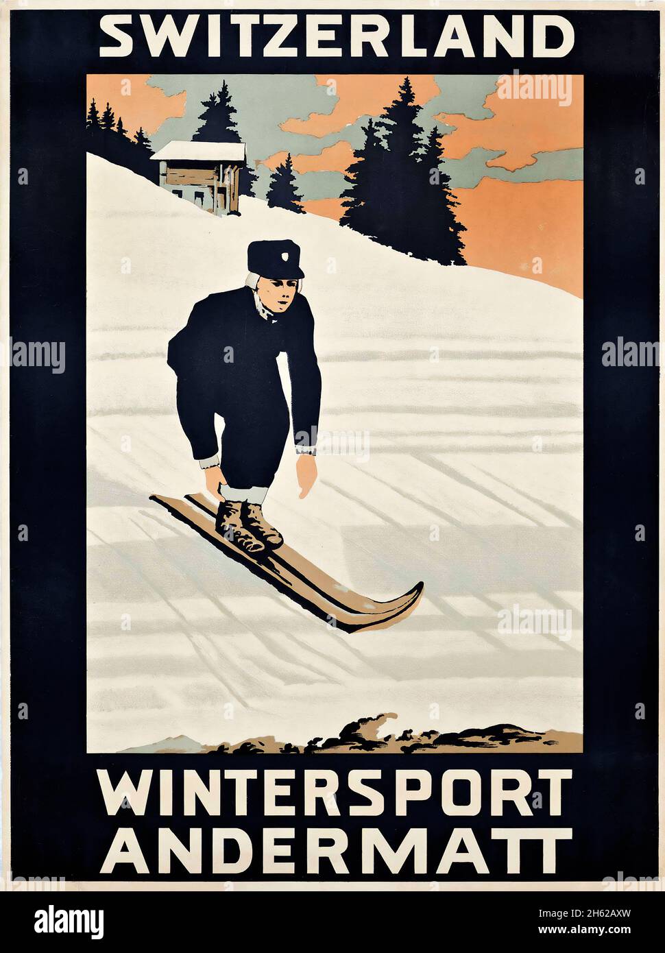 Affiche de voyage vintage - Sport d'hiver, artiste inconnu, Wintersport Andermatt, Suisse, Schweiz,Suisse.Art déco.1920. Banque D'Images