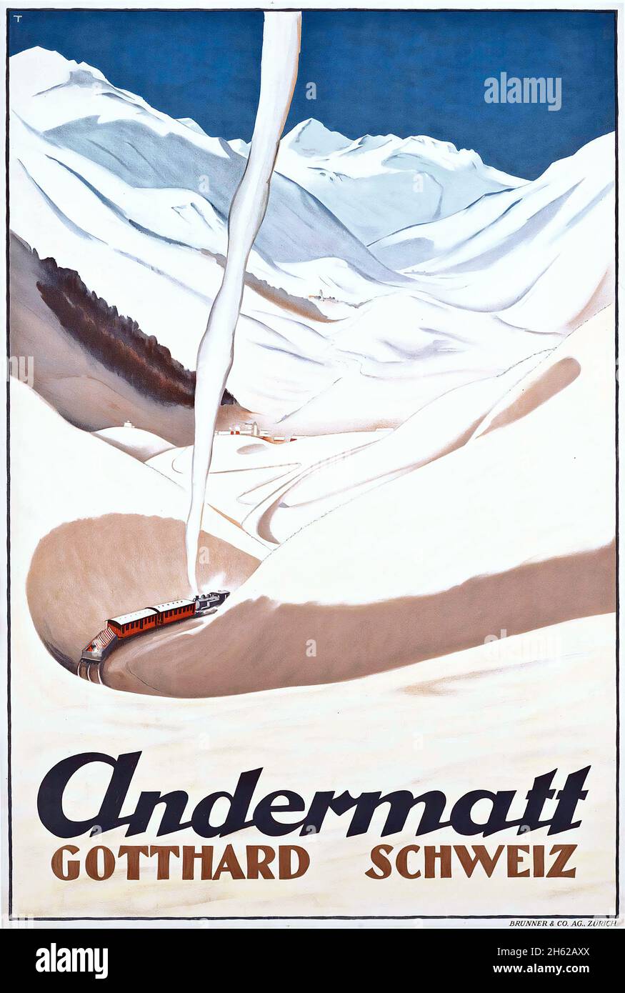 Andermatt, Gotthard, Schweiz. Affiche de voyage vintage - Sport d'hiver - Suisse, Suisse. Affiche de train. C 1928. Artiste inconnu. Banque D'Images