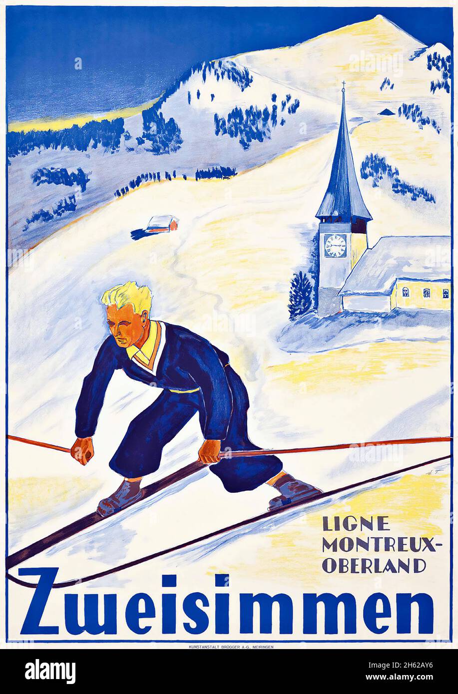 Affiche de voyage vintage - Sport d'hiver - F. E. Artwork – ZWEISIMMEN, ligne Montreaux-Oberland, 1926 Banque D'Images