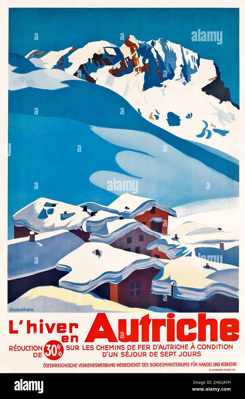 L'hiver en Autriche, affiche de voyage vintage 1930s - Sports d'hiver, hameau de ski, Autriche, Österreich Banque D'Images